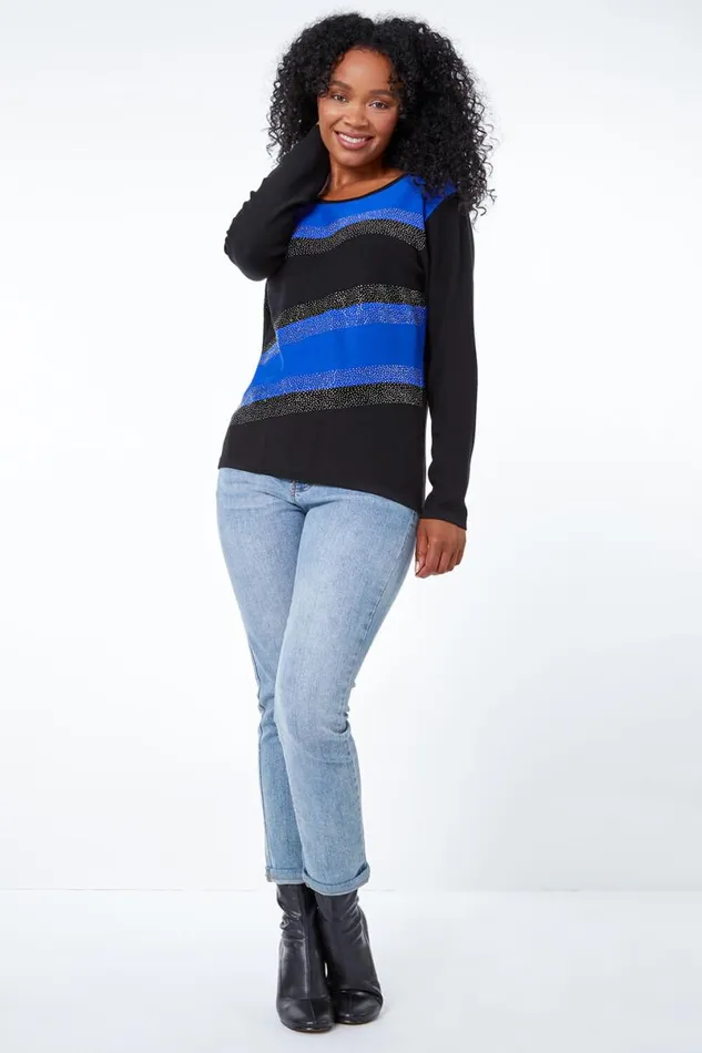 Royal Blue Petite Embellished Stripe Jumper Women Roman Tops