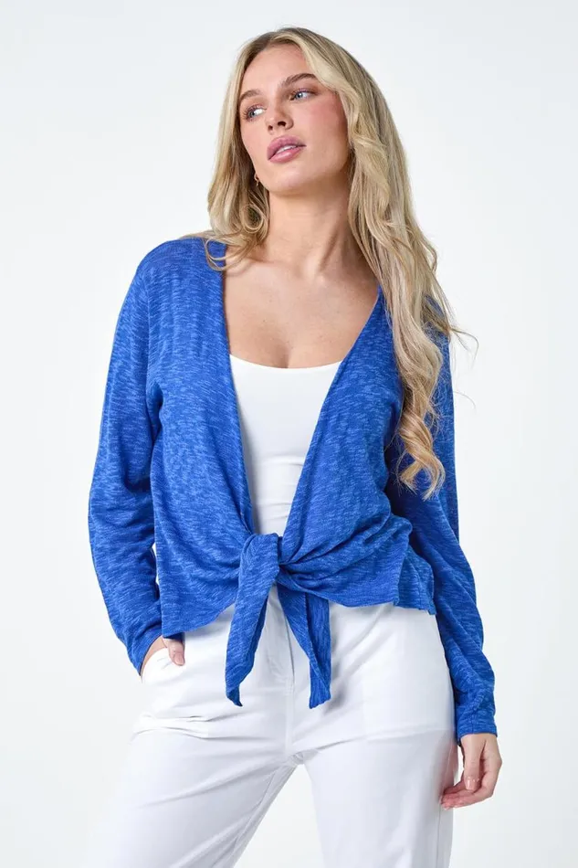 Royal Blue Petite Waterfall Front Cotton Knit Cardigan Women Roman Knitwear