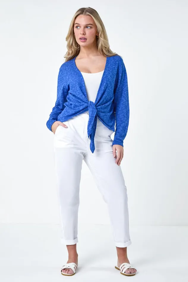Royal Blue Petite Waterfall Front Cotton Knit Cardigan Women Roman Knitwear