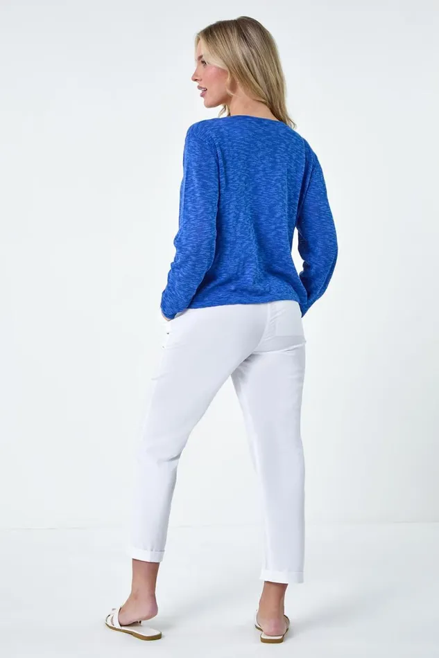 Royal Blue Petite Waterfall Front Cotton Knit Cardigan Women Roman Knitwear