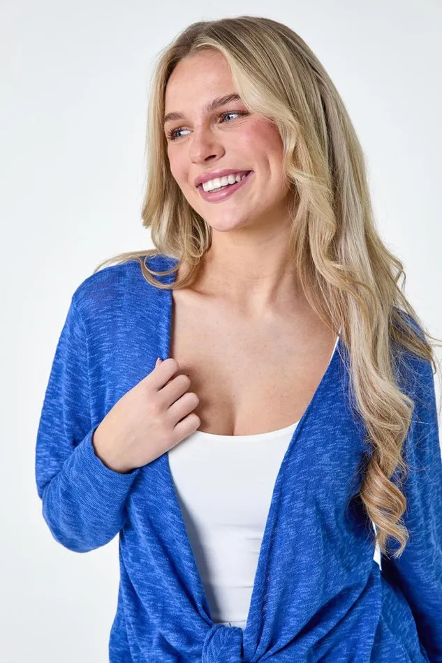 Royal Blue Petite Waterfall Front Cotton Knit Cardigan Women Roman Knitwear
