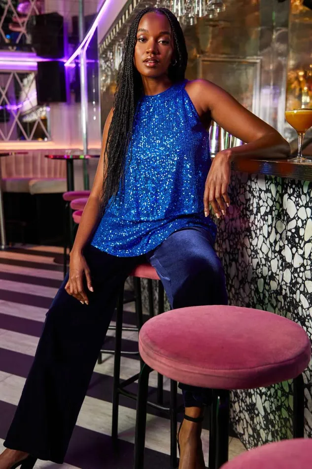 Royal Blue Sequin Tiered Halterneck Stretch Top Women Roman Tops