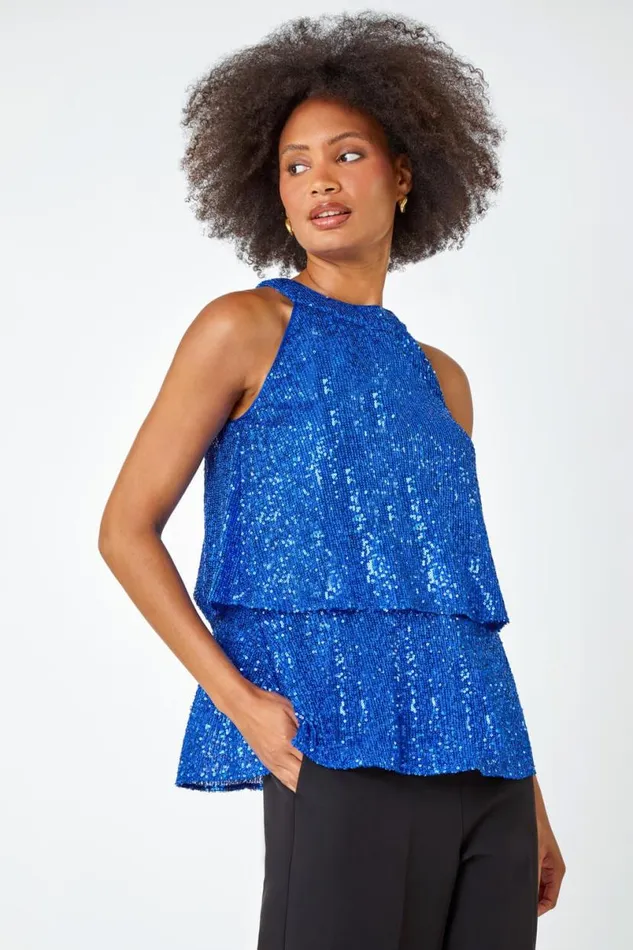 Royal Blue Sequin Tiered Halterneck Stretch Top Women Roman Tops