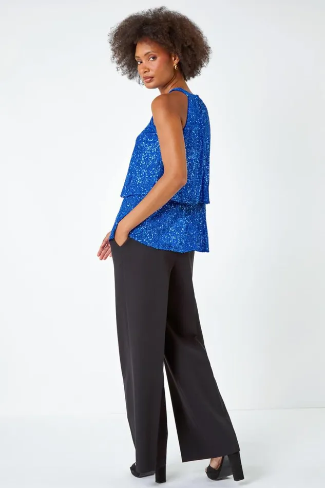 Royal Blue Sequin Tiered Halterneck Stretch Top Women Roman Tops