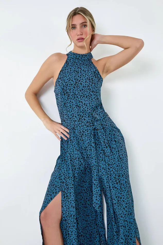 Royal Blue Spot Halter Neck Side Split Jumpsuit Women Roman Dresses