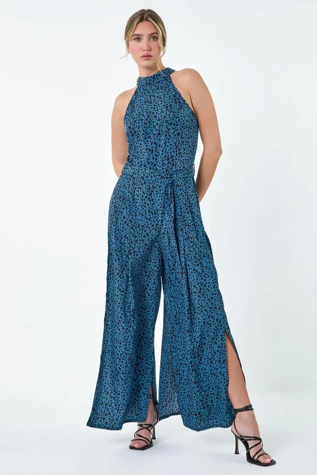 Royal Blue Spot Halter Neck Side Split Jumpsuit Women Roman Dresses