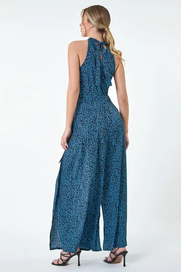 Royal Blue Spot Halter Neck Side Split Jumpsuit Women Roman Dresses