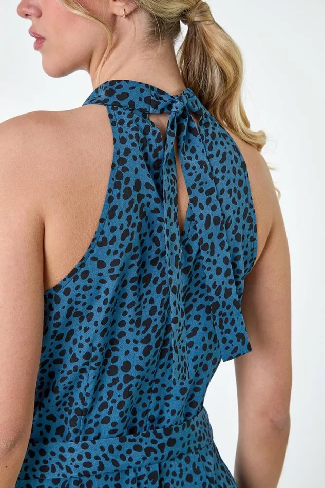 Royal Blue Spot Halter Neck Side Split Jumpsuit Women Roman Dresses