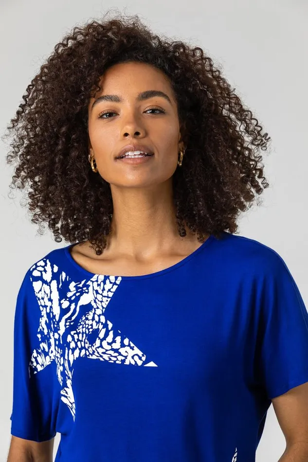 Royal Blue Star Print Lounge TShirt Women Roman Tops