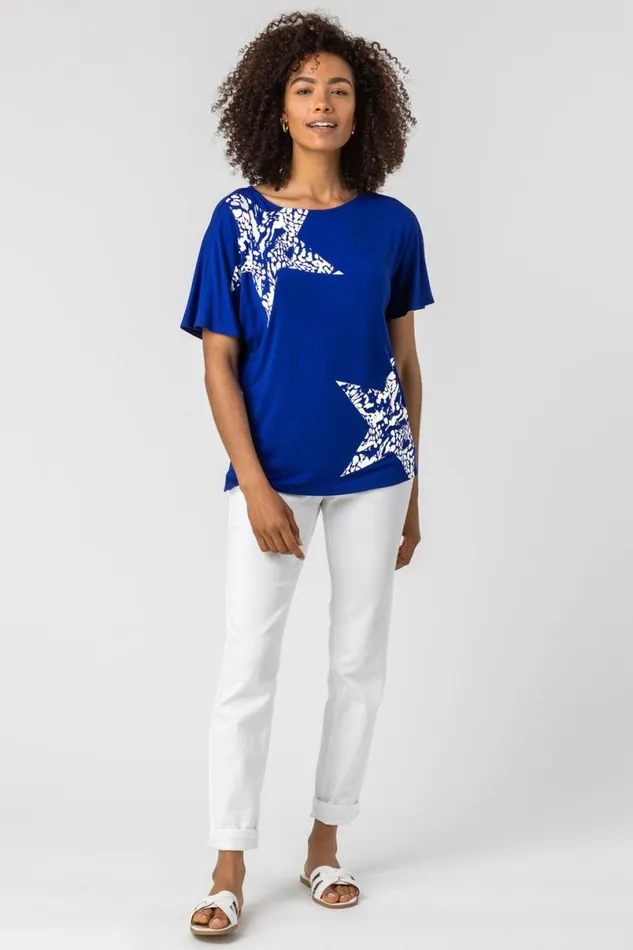 Royal Blue Star Print Lounge TShirt Women Roman Tops