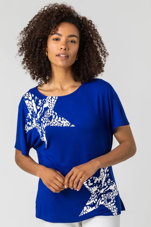 Royal Blue Star Print Lounge TShirt Women Roman Tops