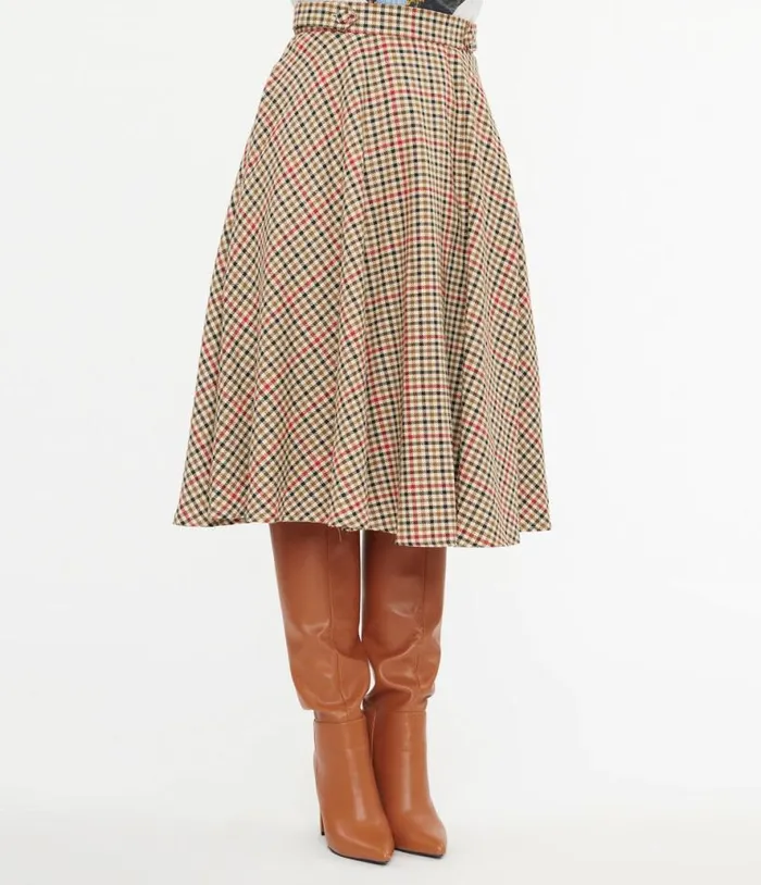 Royal Monk 1950s Beige and Black Check Hilda Swing Skirt Clothing Unique Vintage Skirts