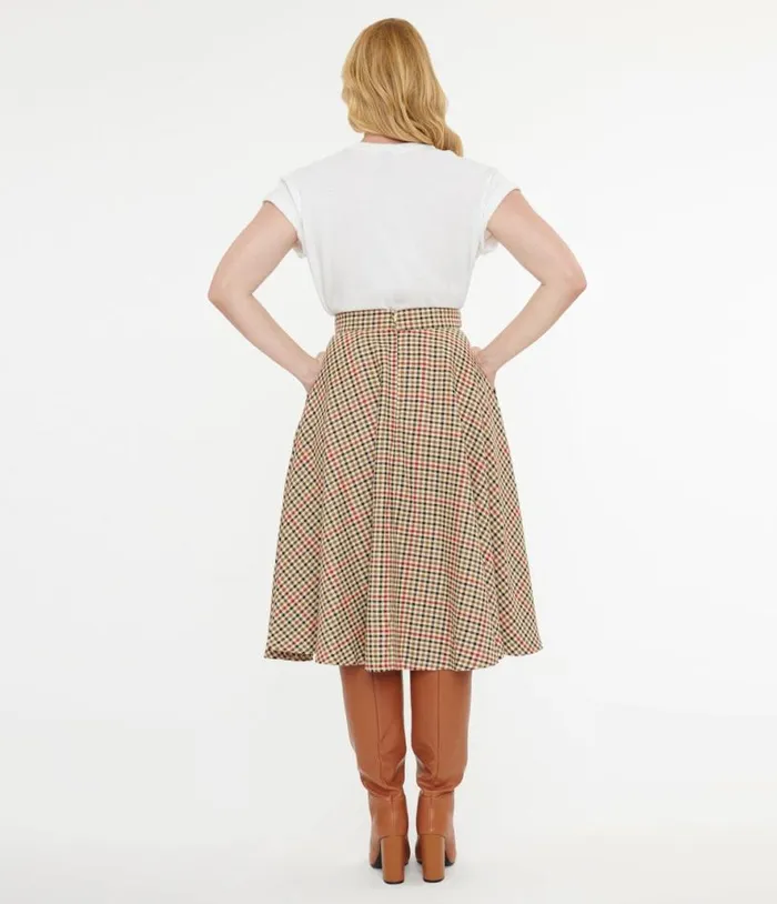 Royal Monk 1950s Beige and Black Check Hilda Swing Skirt Clothing Unique Vintage Skirts
