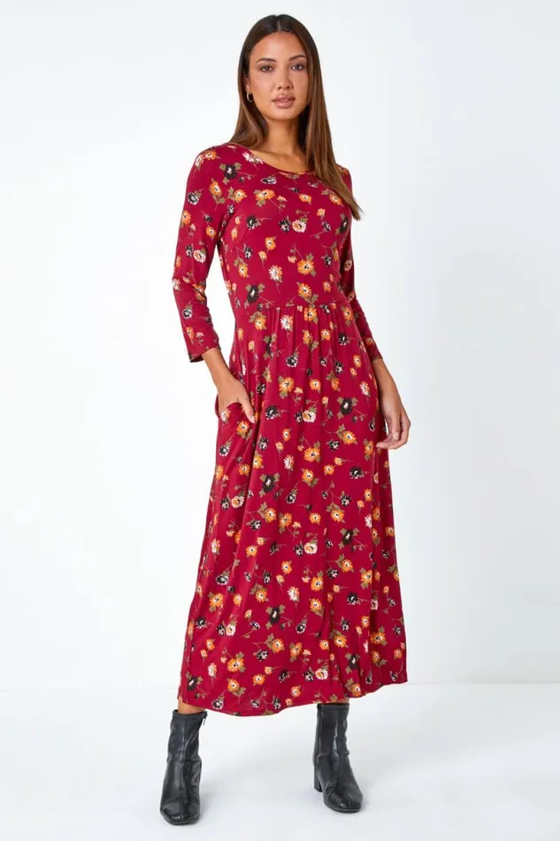Rust Floral Print Pocket Detail Midi Dress Women Roman Dresses