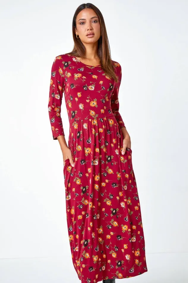 Rust Floral Print Pocket Detail Midi Dress Women Roman Dresses