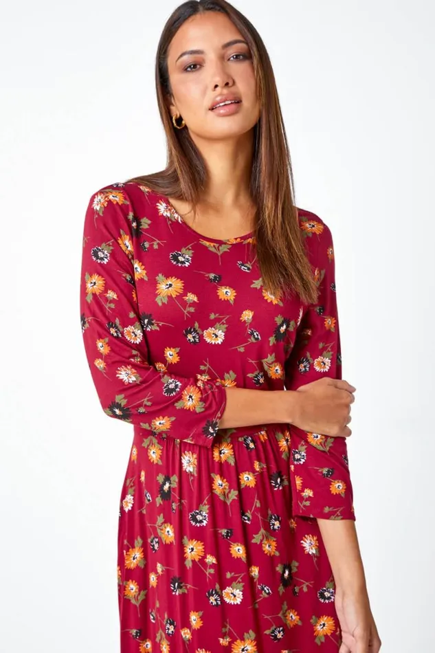 Rust Floral Print Pocket Detail Midi Dress Women Roman Dresses