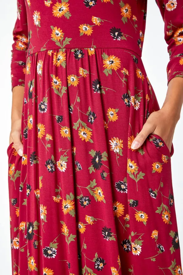 Rust Floral Print Pocket Detail Midi Dress Women Roman Dresses