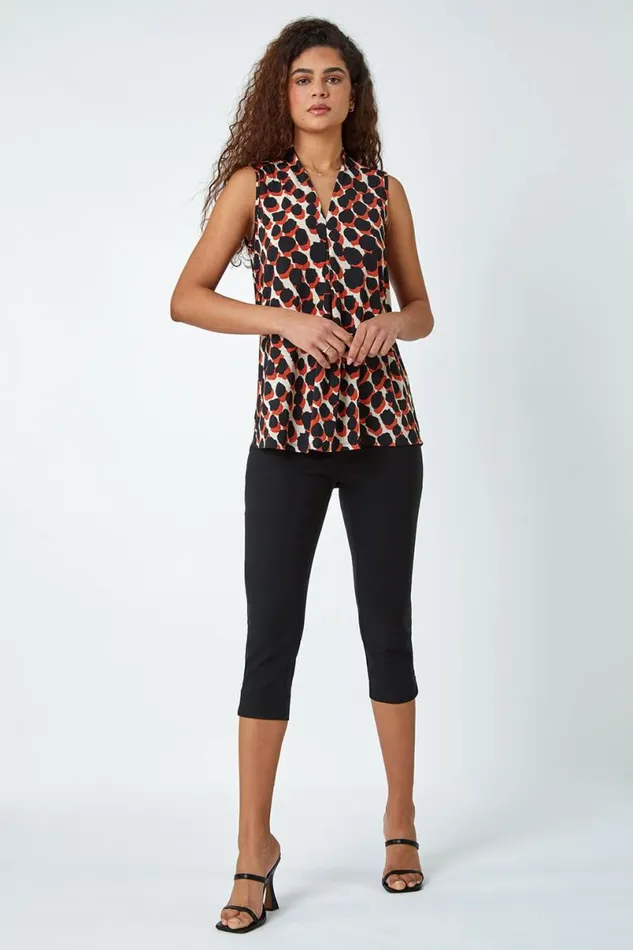 Rust Spot Print Pleated VNeck Stretch Top Women Roman Tops