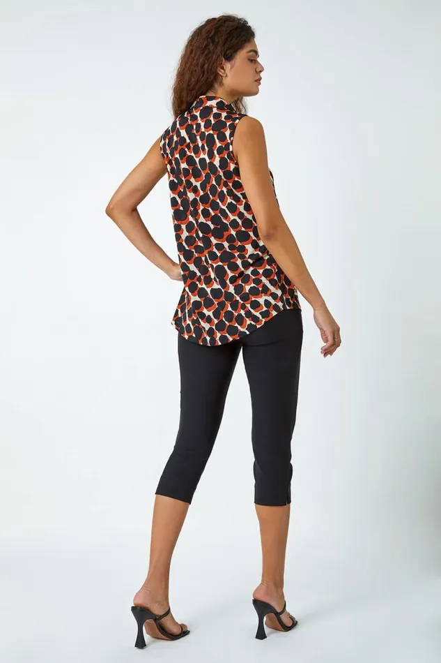 Rust Spot Print Pleated VNeck Stretch Top Women Roman Tops