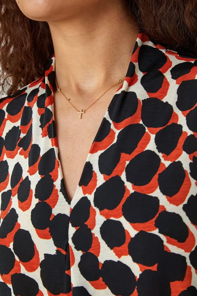 Rust Spot Print Pleated VNeck Stretch Top Women Roman Tops