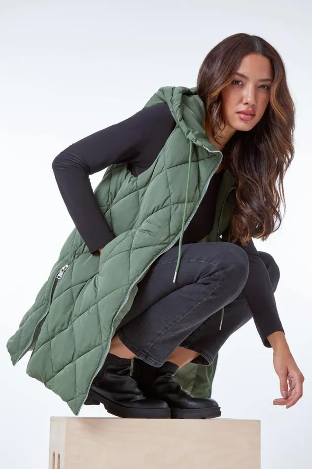 Sage Diamond Quilted Hooded Gilet Women Roman Coats