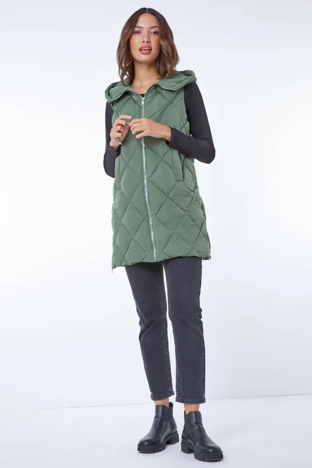 Sage Diamond Quilted Hooded Gilet Women Roman Coats