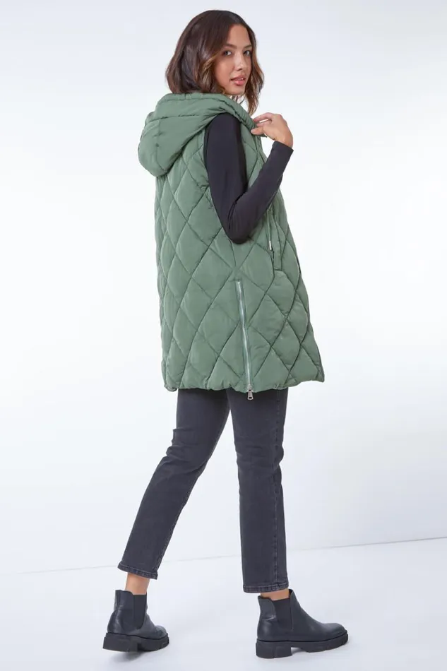 Sage Diamond Quilted Hooded Gilet Women Roman Coats