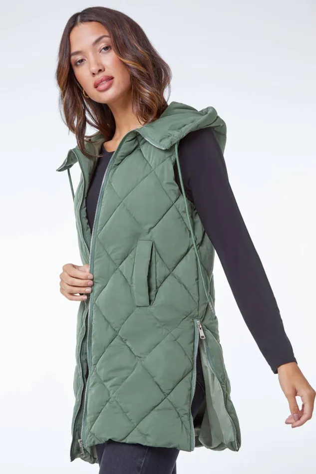 Sage Diamond Quilted Hooded Gilet Women Roman Coats
