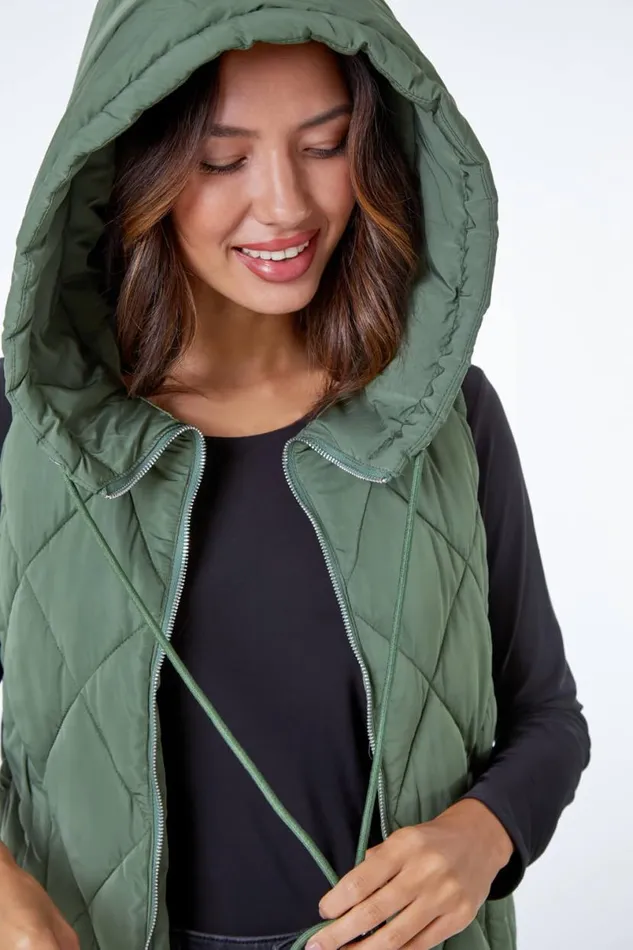 Sage Diamond Quilted Hooded Gilet Women Roman Coats