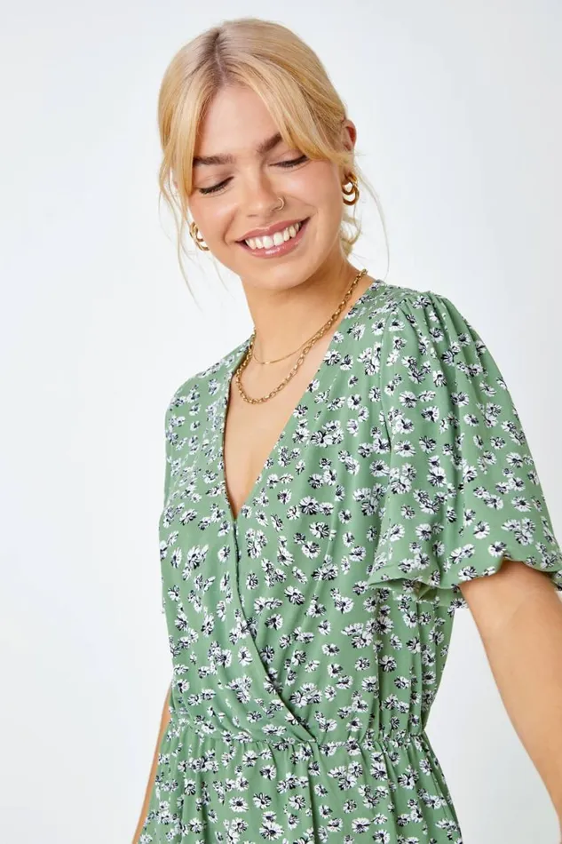 Sage Ditsy Floral Print Peplum Top Women Roman Tops