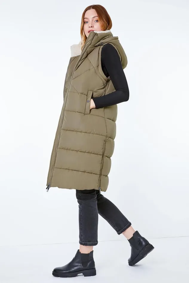 Sage Longline Quilted Borg Neck Gilet Women Roman Coats