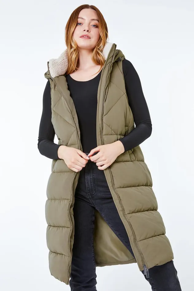 Sage Longline Quilted Borg Neck Gilet Women Roman Coats