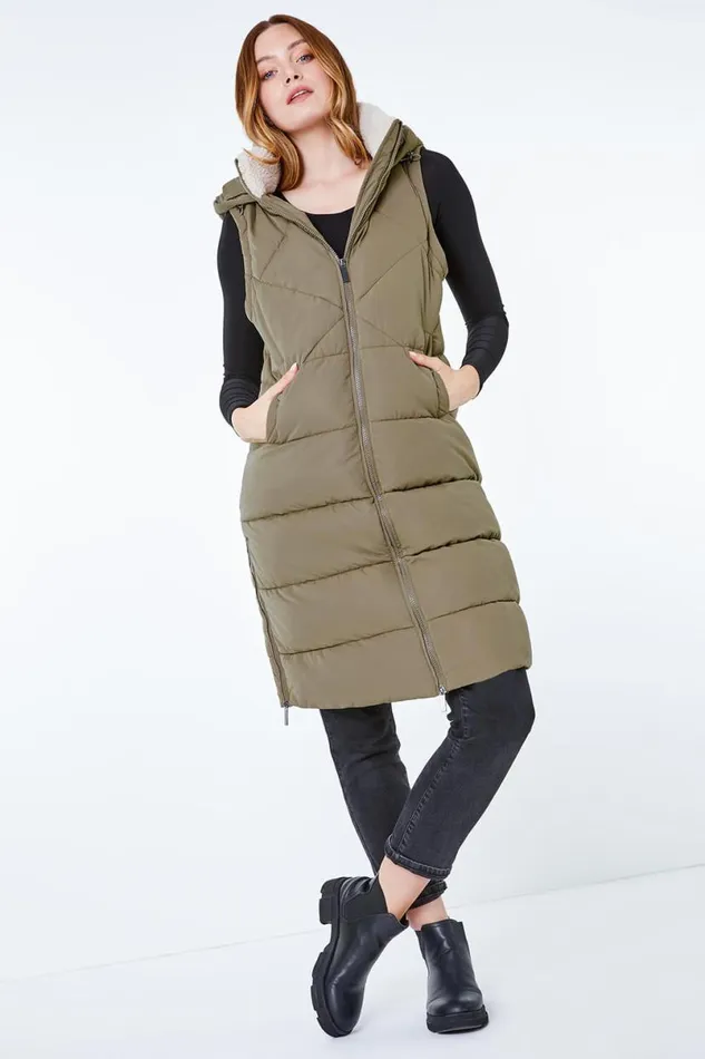 Sage Longline Quilted Borg Neck Gilet Women Roman Coats