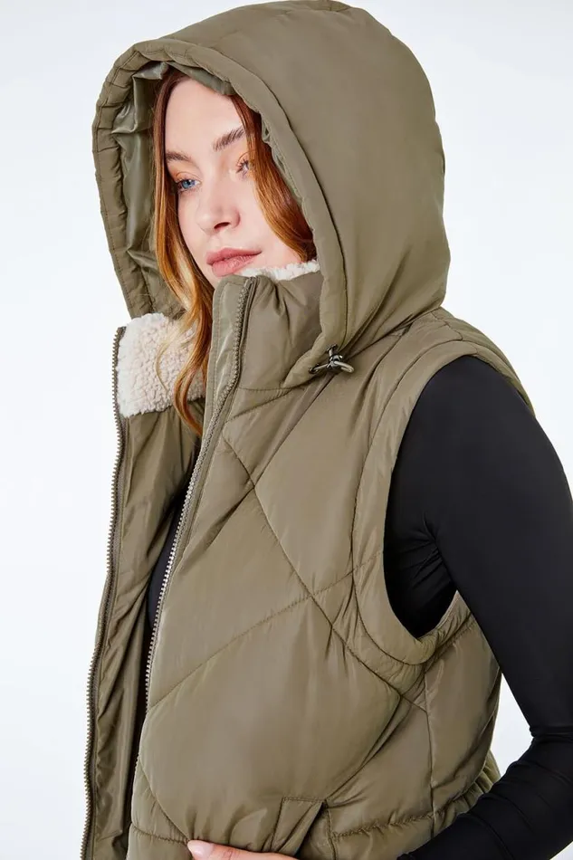 Sage Longline Quilted Borg Neck Gilet Women Roman Coats