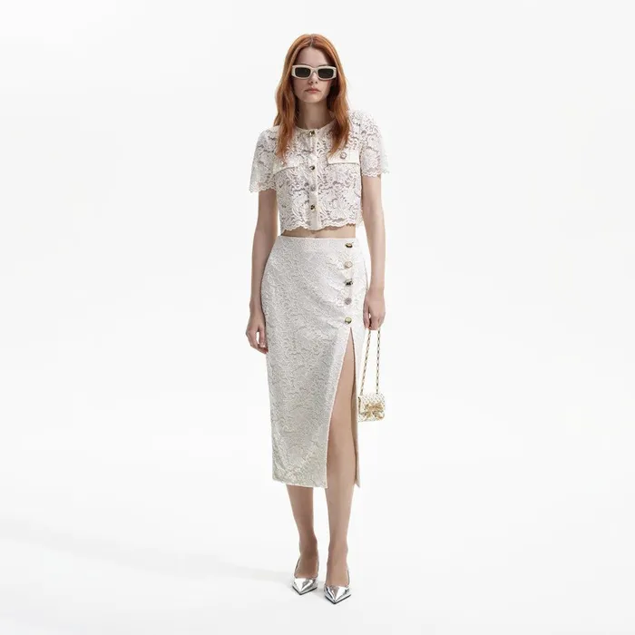 Self Portrait Bottoms Cream Cord Lace Split Midi Skirt 8211 Women