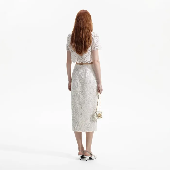 Self Portrait Bottoms Cream Cord Lace Split Midi Skirt 8211 Women