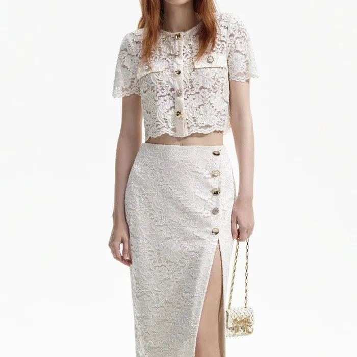Self Portrait Bottoms Cream Cord Lace Split Midi Skirt 8211 Women