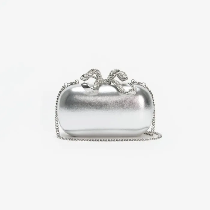 Self Portrait Clutch Bags Silver Metallic Leather Bow Clutch 8211 Women