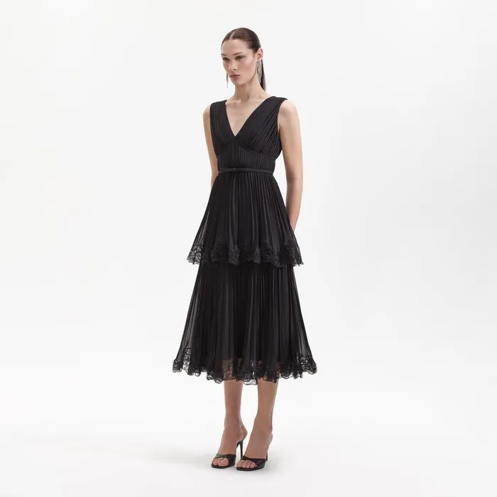 Self Portrait Dresses Black Chiffon Tier Midi Dress 8211 Women