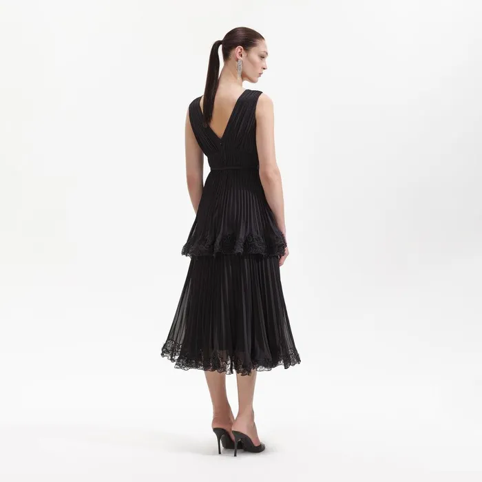 Self Portrait Dresses Black Chiffon Tier Midi Dress 8211 Women