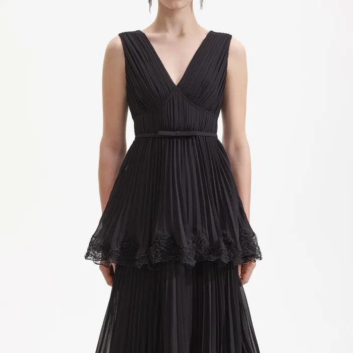 Self Portrait Dresses Black Chiffon Tier Midi Dress 8211 Women