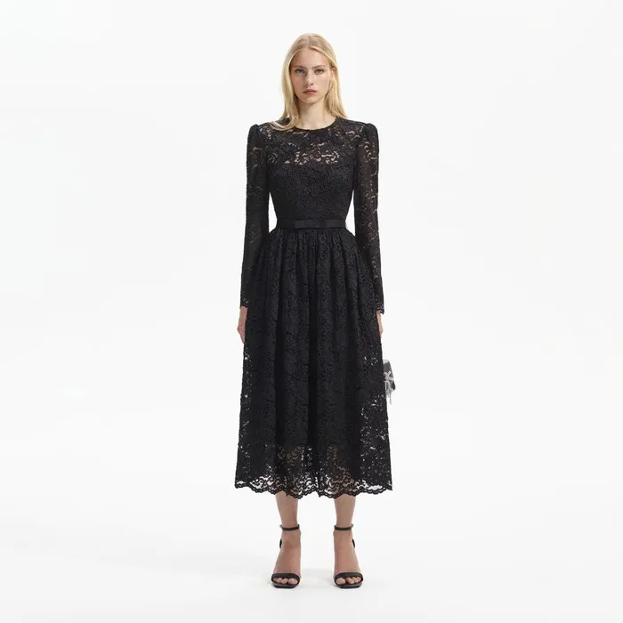 Self Portrait Dresses Black Cord Lace Long Sleeve Midi Dress 8211 Women