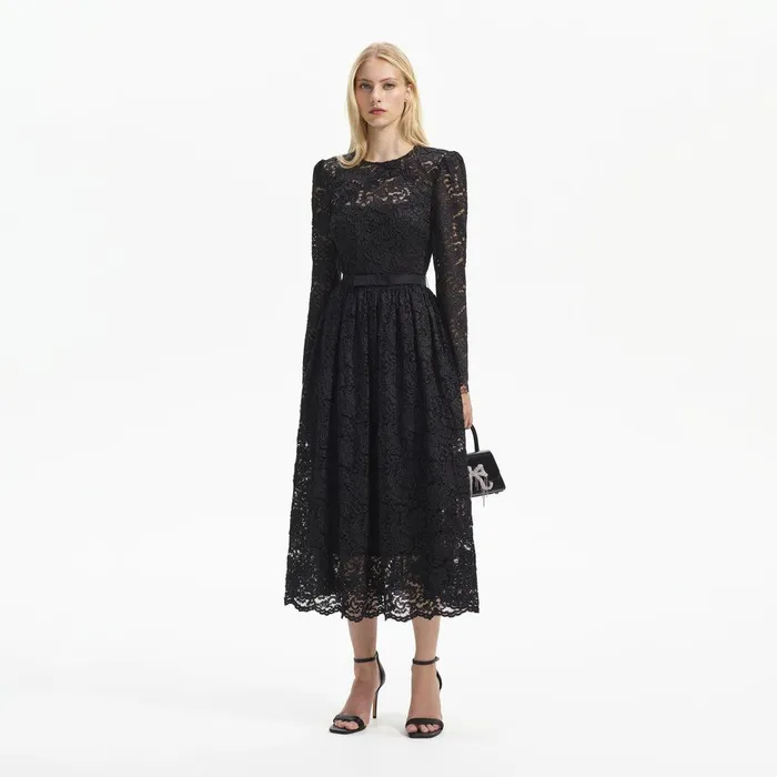 Self Portrait Dresses Black Cord Lace Long Sleeve Midi Dress 8211 Women