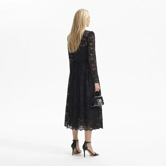 Self Portrait Dresses Black Cord Lace Long Sleeve Midi Dress 8211 Women
