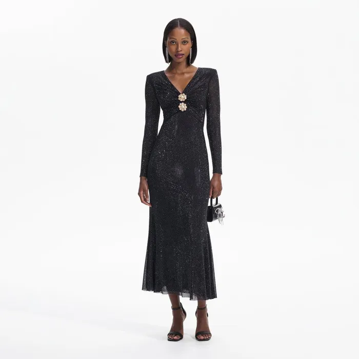 Self Portrait Dresses Black Rhinestone Mesh VNeck Midi Dress 8211 Women