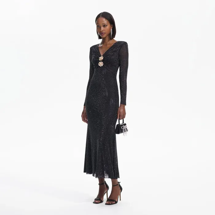 Self Portrait Dresses Black Rhinestone Mesh VNeck Midi Dress 8211 Women