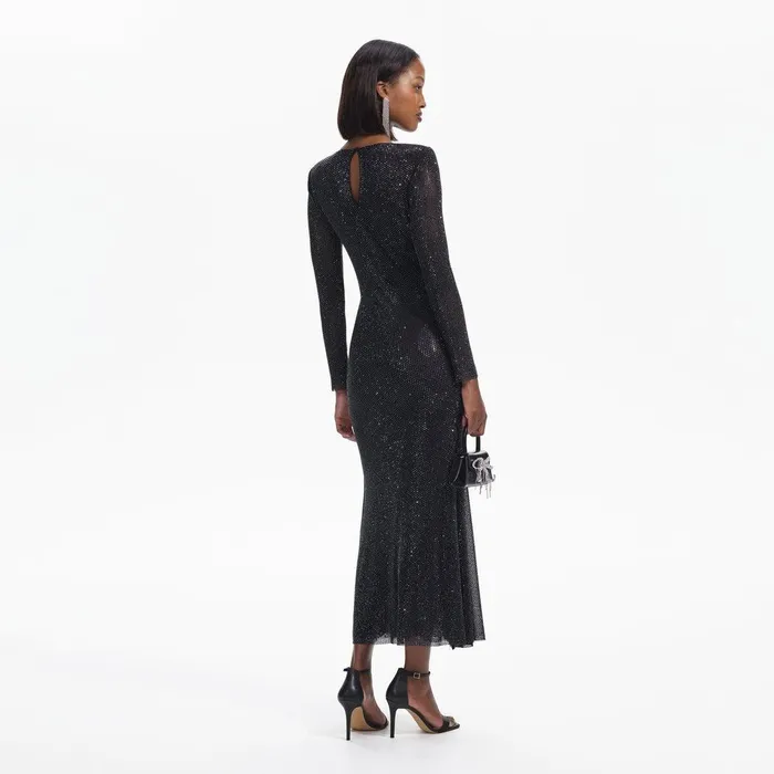 Self Portrait Dresses Black Rhinestone Mesh VNeck Midi Dress 8211 Women
