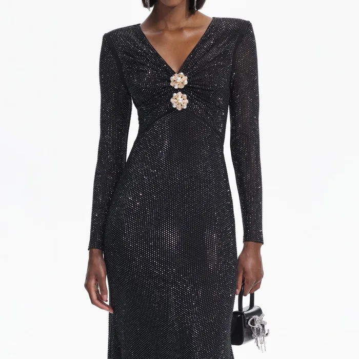 Self Portrait Dresses Black Rhinestone Mesh VNeck Midi Dress 8211 Women