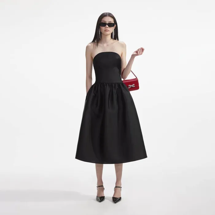 Self Portrait Dresses Black Taffeta Midi Dress 8211 Women