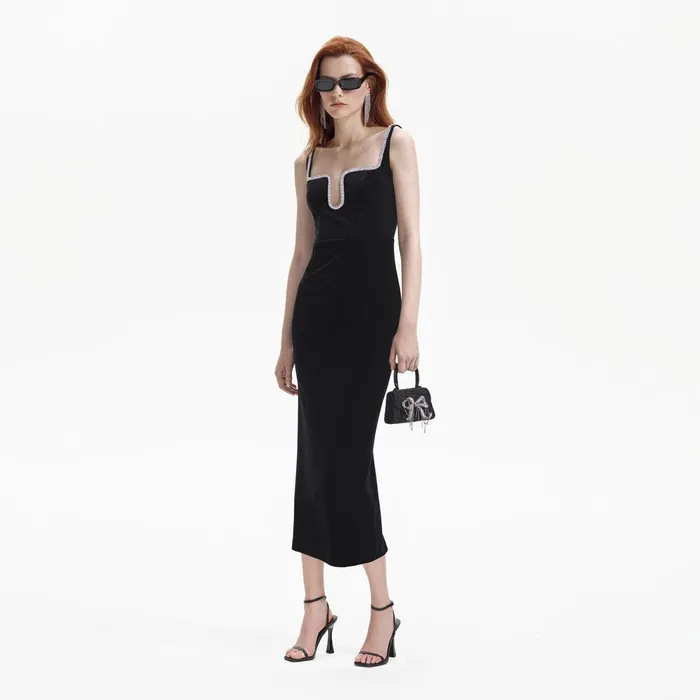 Self Portrait Dresses Black Velvet Midi Dress 8211 Women